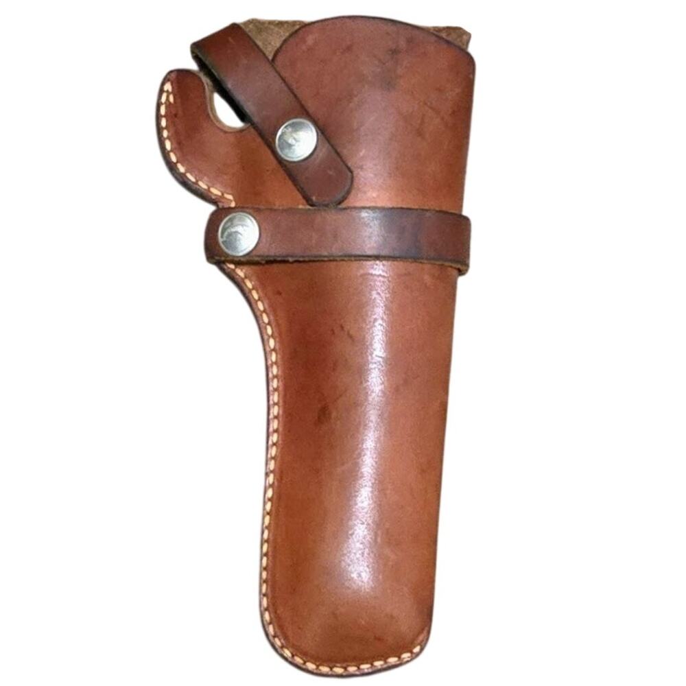 Hunter Vintage Brown Leather 9" Western RH Holster Brass Snaps Powder Horn Logo